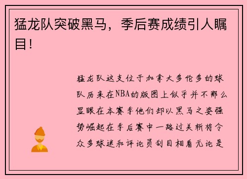 猛龙队突破黑马，季后赛成绩引人瞩目！